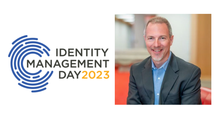 Identity Management Day 2023 logo on the left with round fingerprint-like design behind the words, and headshot of Target Senior Director of Cyber Solutions Tom Sheffield who is pictured smiling wearing a blue button down shirt and gray blazer against a red couch, with red carpet and atrium in the background