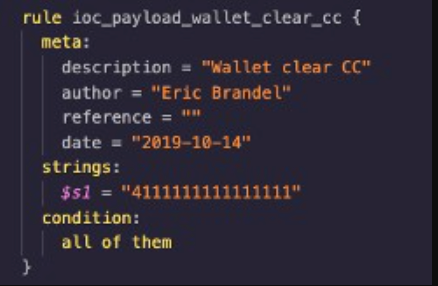 screenshot of code snippet describing a payload wallet rule with Eric Brandel listed as author