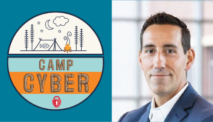 Camp Cyber logo with a line drawing of a nighttime camping scene, and "Camp Cyber" written in letters that look like logs, next to headshot of Target CISO Rich Agostino