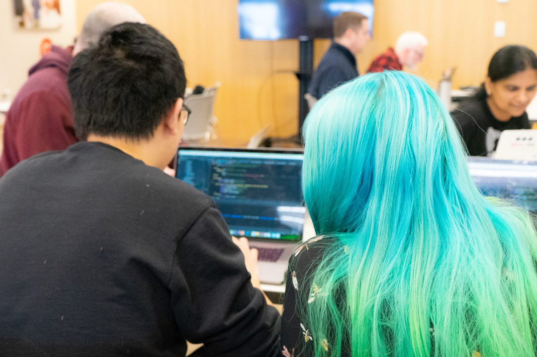 two Target engineers, photographed from the back, looking at a laptop screen together. The person on the left side has short dark hair and is wearing a black sweatshirt, the person on the left has long blueish green hair and is wearing a black top with a white pattern