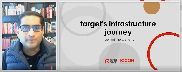 Target SVP pictured in front of bookshelves, wearing a down vest and glasses on the left side, next to a screenshot of a Powerpoint slide reading "Target's Infrastructure Journey" 